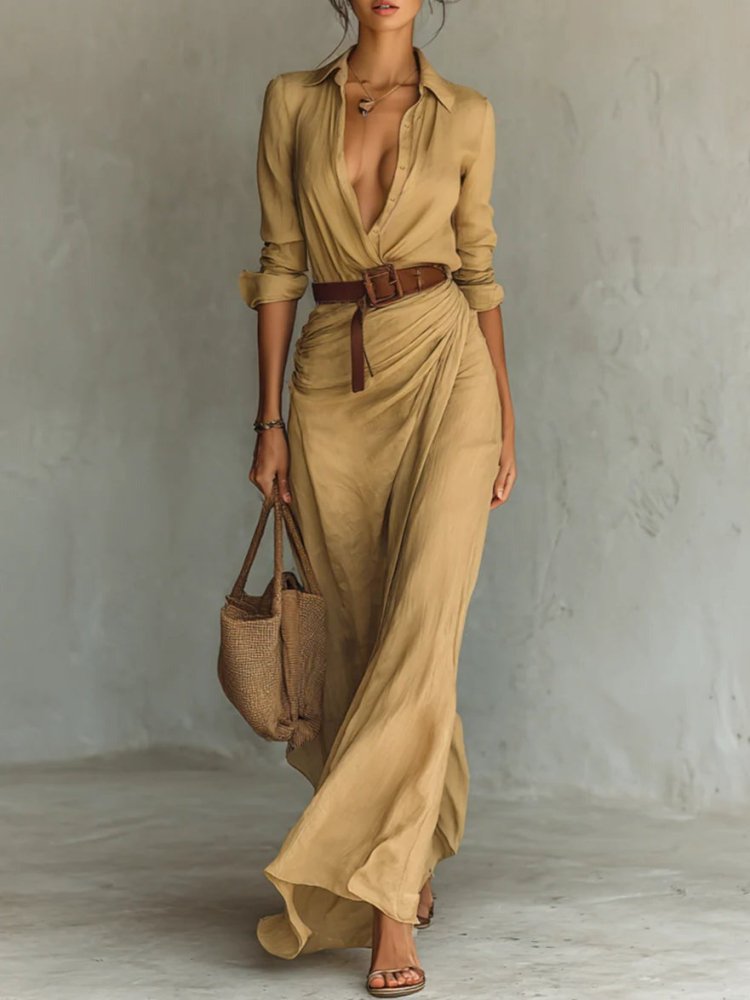 Long belted dress with long sleeves and lapels