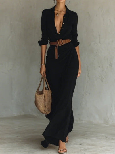 Long belted dress with long sleeves and lapels
