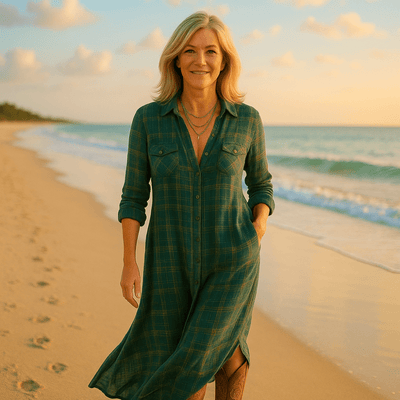 Green Plaid Lapel Single-Breasted Shirt Long Dress