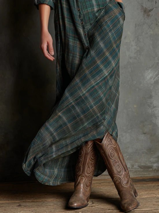 Green Plaid Lapel Single-Breasted Shirt Long Dress